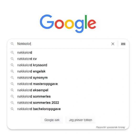 Googlesøk hvor nøkkelord er skrevet inn og viser resultat