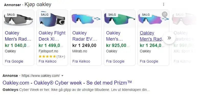 Shoppingannonser for Oakley solbriller eksempel