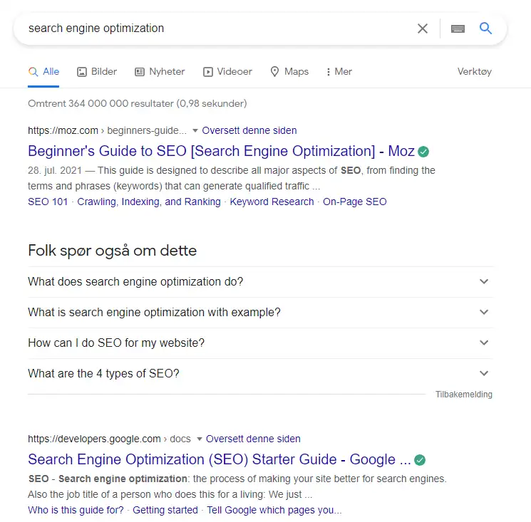 Google søkeresultat for søket search engine optimization